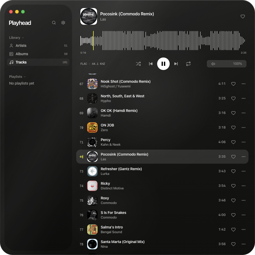 Playhead music player interface showing waveform playback and a local library